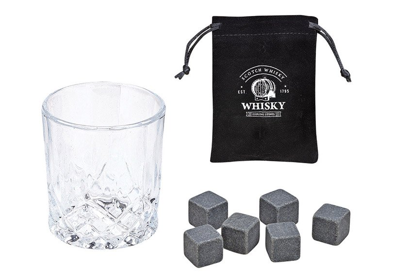 Whisky Stein Set, Eiswürfel aus Basalt Stein 2x2x2cm, Glas 9x8x9cm, 300ml, Grau 6er Set, in Holzbox (B/H/T) 18x10x16,6cm