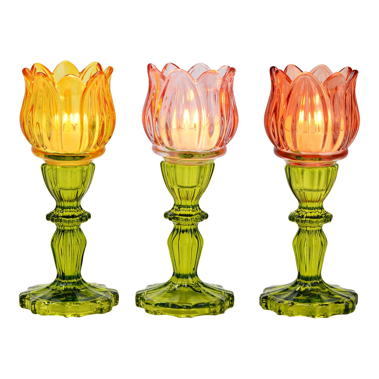 Windlicht Teelichthalter Tulpe aus Glas 3-fach, Gelb/Pink/Rot/Grün (B/H/T) 7x18x7cm