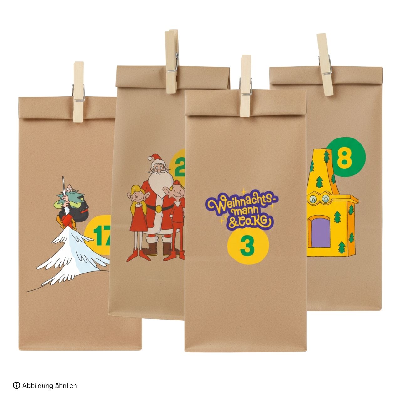 Adventskalender, Pakettasche, Weihnachtsmann, Motiv, Adventskalender-Täfelchen