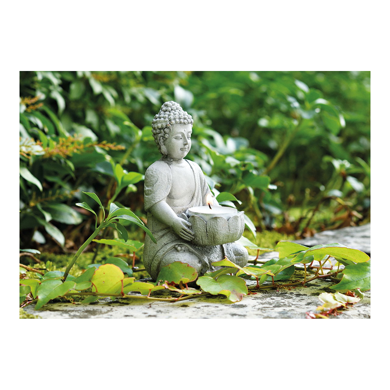 Buddha mit Teelichthalter in grau aus Poly, B9 x T8 x H14 cm