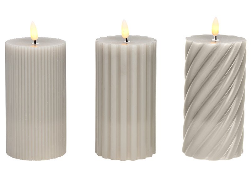 Candle LED warm white wick flame, 2xAAA not Incl. from wax gray 3-fold, (W/H/D) 7x13x7cm