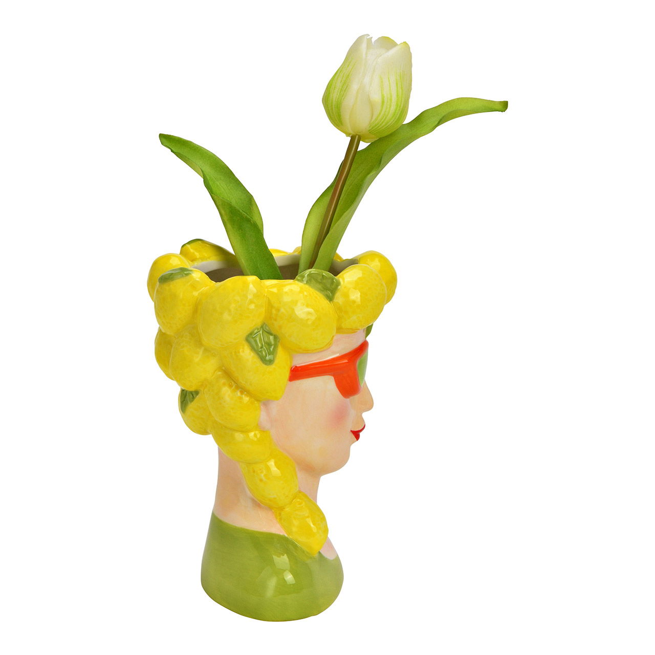 Vase Frau Zitronen Dekor aus Keramik bunt (B/H/T) 12x17x12cm Sonnenbrille, Person, Gesicht, Obst, Figur