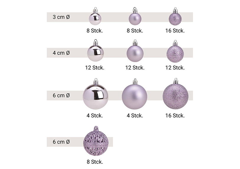 Plastic Christmas baubles, set of 100, purple Ø3/4/6cm (W/H/D) 23x35x12cm Plastic Christmas baubles, set of 100, purple Ø3/4/6cm (W/H/D) 23x35x12cm