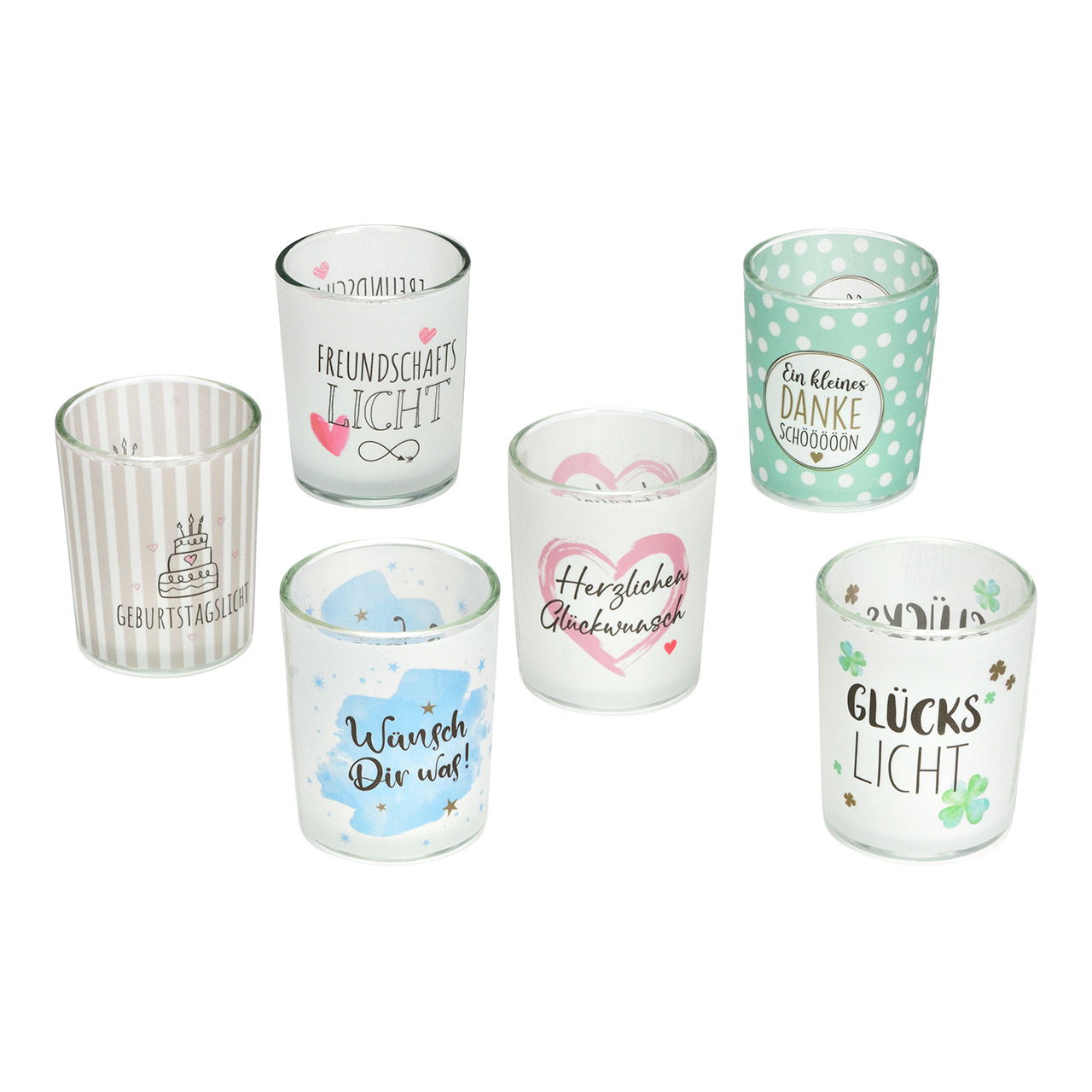 Windlicht Wunschlicht mit Sprüchen aus Glas, 6-fach, Bunt (B/H/T) 5x6x5cm Windlicht Wunschlicht mit Sprüchen aus Glas, 6-fach, Bunt (B/H/T) 5x6x5cm