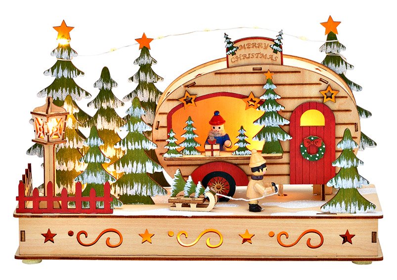 Winterszene Weihnachtswagen 15er LED aus Holz Bunt (B/H/T) 28x18x10cm