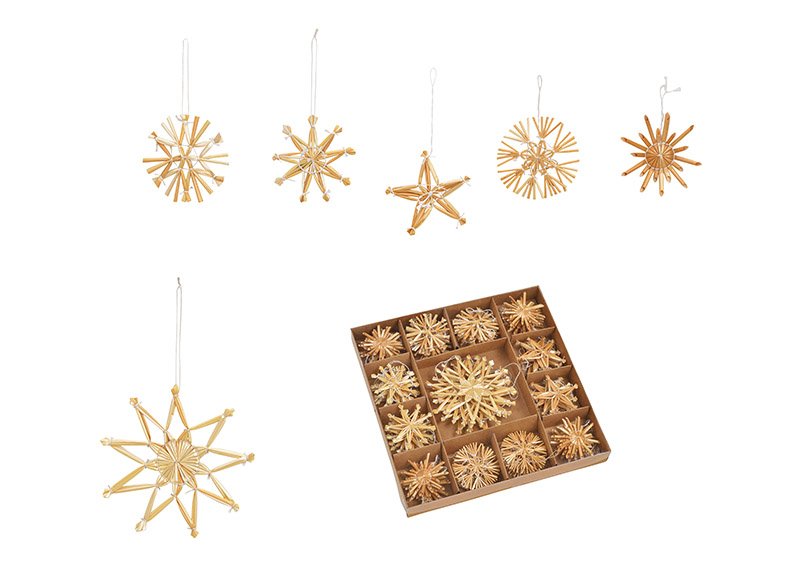 Christmas hanger set made of straw, 6-10cm, natural colour, set of 52, (w/h/d) 26x3x26cm