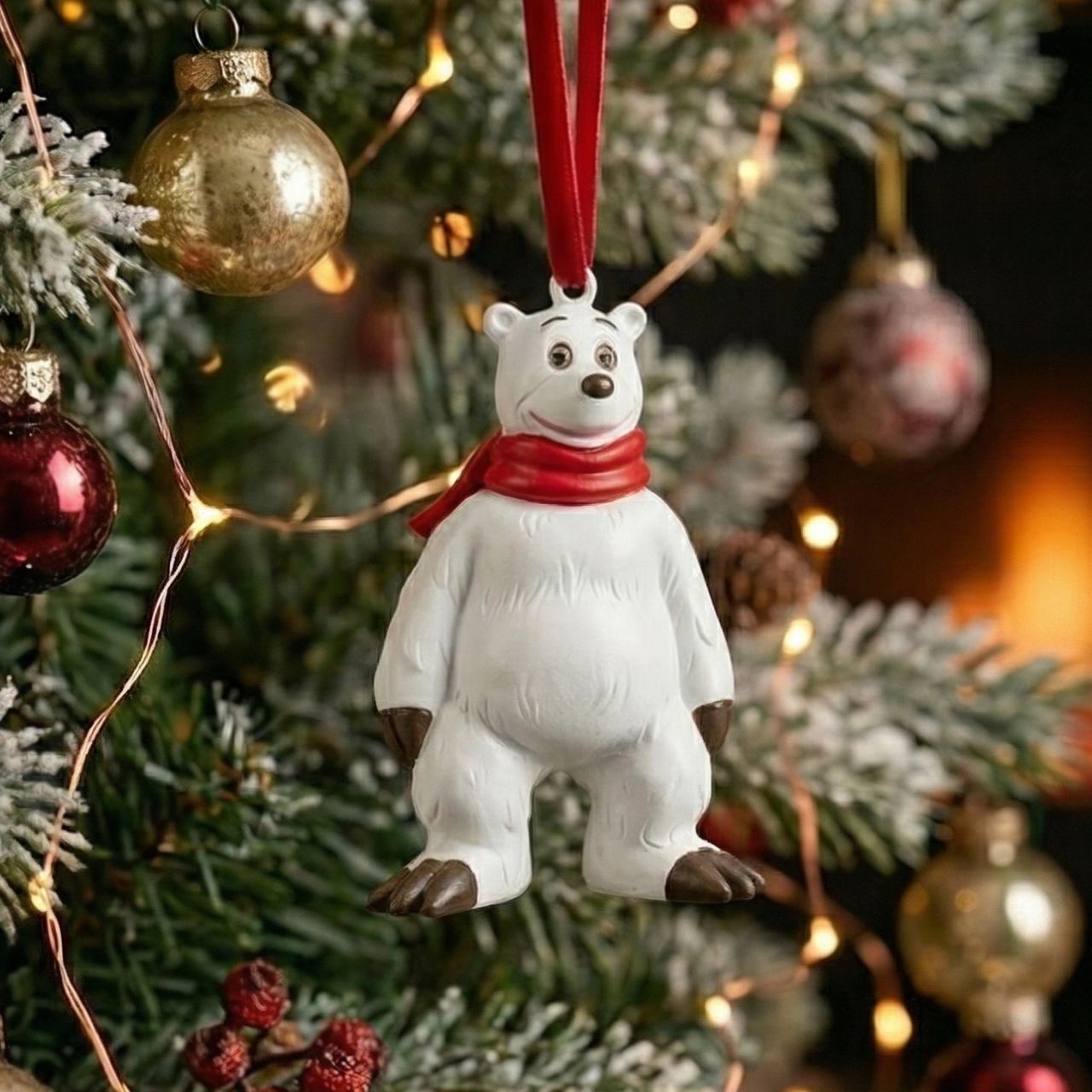 Polar bear ornament, Christmas ornament, White bear, Red scarf, Hanging ornament