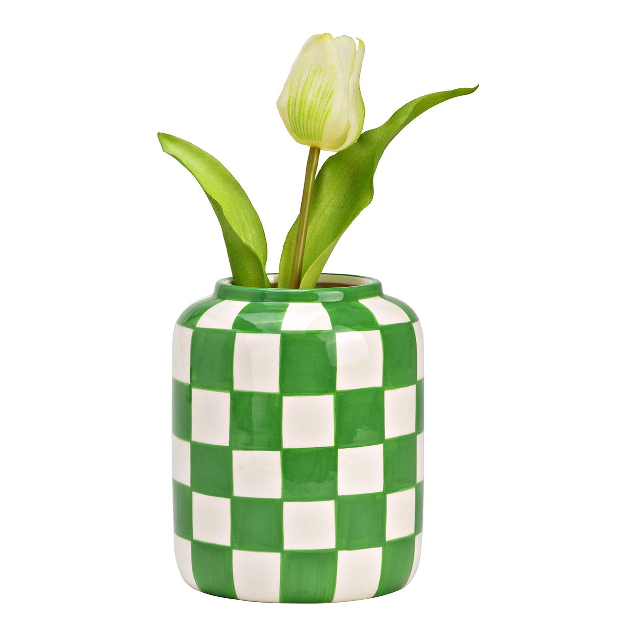 Checkered ceramic vase, green/white (W/H/D) 12x14x12cm