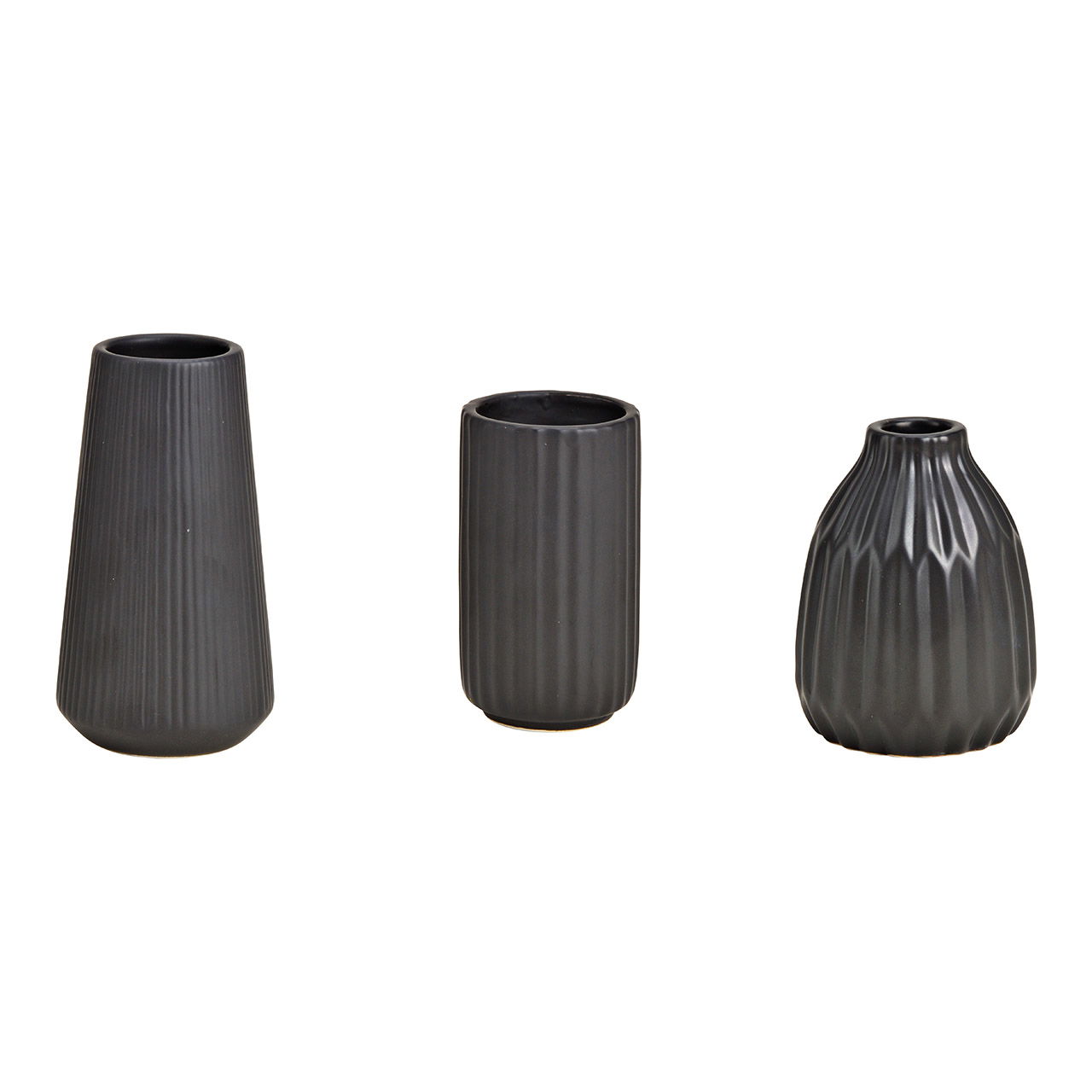 Vase aus Keramik Schwarz 3-fach, (B/H/T) 6x10x6cm 7x14x7cm 8x11x8cm