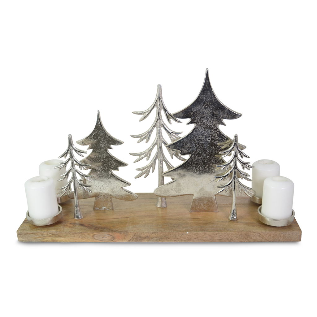 Square decorative tray with 4 candle holders and trees, aluminum, 63x20x37cm, 1 pc, natural Pflanze, Baum