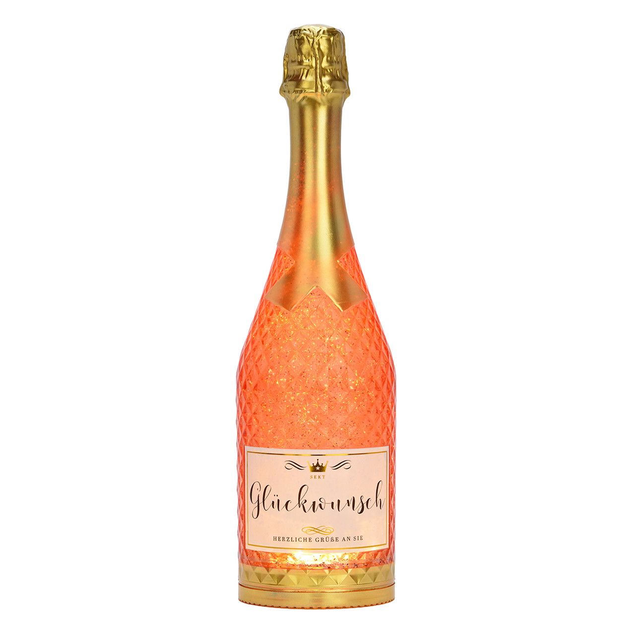 Champagne bottle with LED light and glitter swirl, battery-operated, 3× AAA batteries, exclusive plastic pink/pink (W/H/D) 9x32x9cm excl. 3xAAA Sekt, Flasche, Rose, Glasur?, kristallmuster