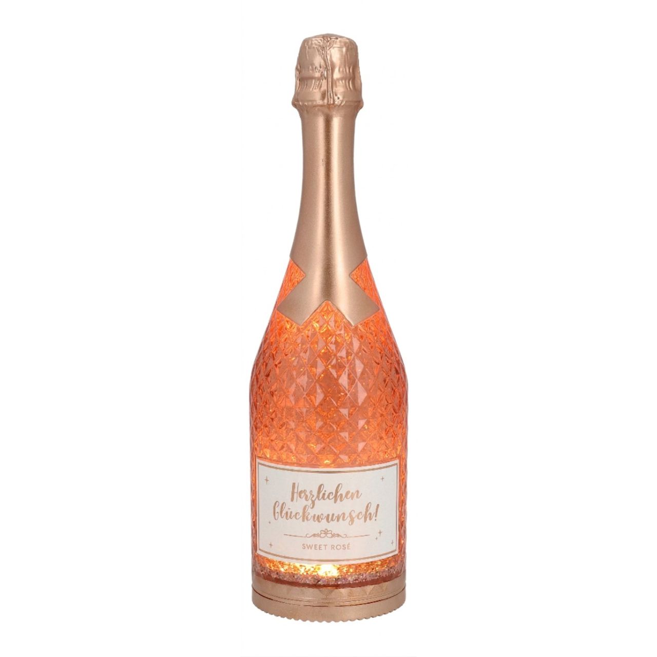 Bouteille de champagne avec lumière LED et tourbillon scintillant, en plastique or rose (L/H/P) 9x32x9cm excl. 3xAAA Sekt, Champagne, Flasche, Glitzer, Rosa, Sektflasche, Rosé Sekt, Glasflasche, Diamantglas, Flasche mit Muster