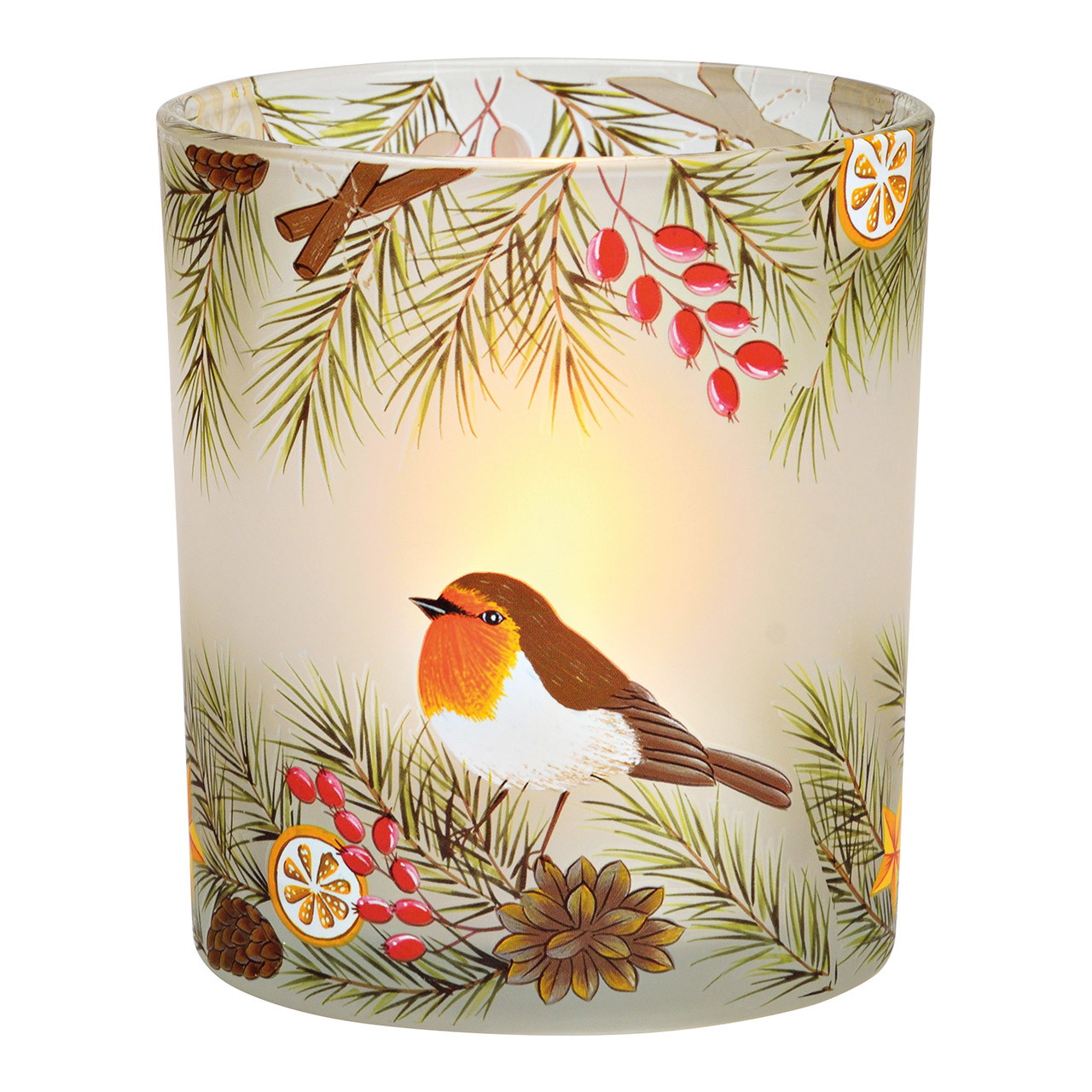 Windlicht Teelichthalter Tannen Vogel Dekor aus Glas weiß (B/H/T) 9x10x9cm Votivkerze, Kerze, Robin, Vogel, Weihnachtlich