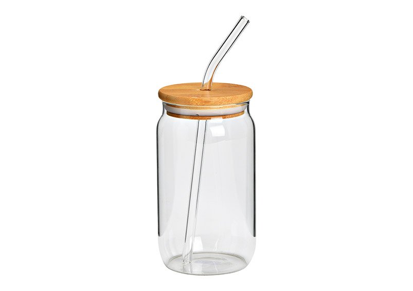 Drinking glass with bamboo lid and glass straw transparent (W/H/D) 8x13x8cm