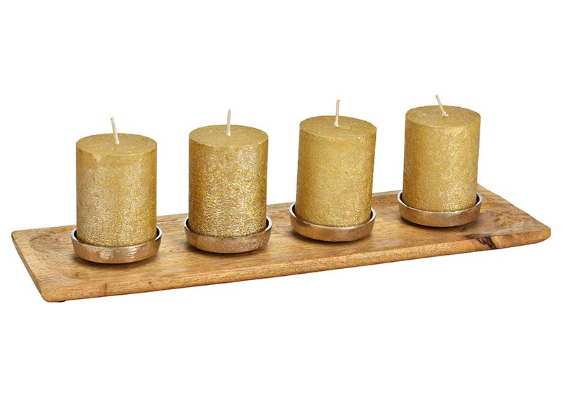 Advent arrangement, candle holder, made of mango wood, metal brown, silver (W/H/D) 46x4x15cm