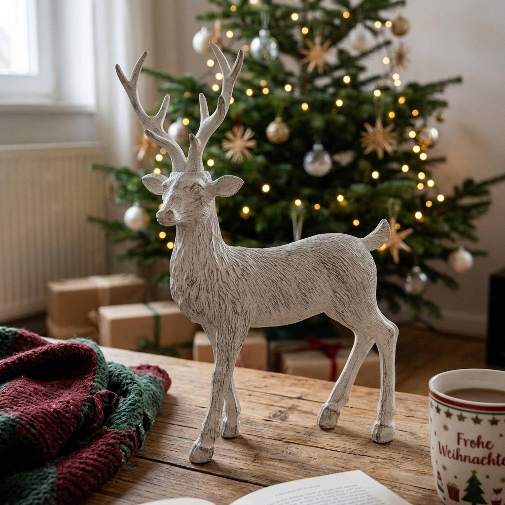 Deko-Reh, Weihnachtsdeko, Kunstharz, weiß, Antiklook