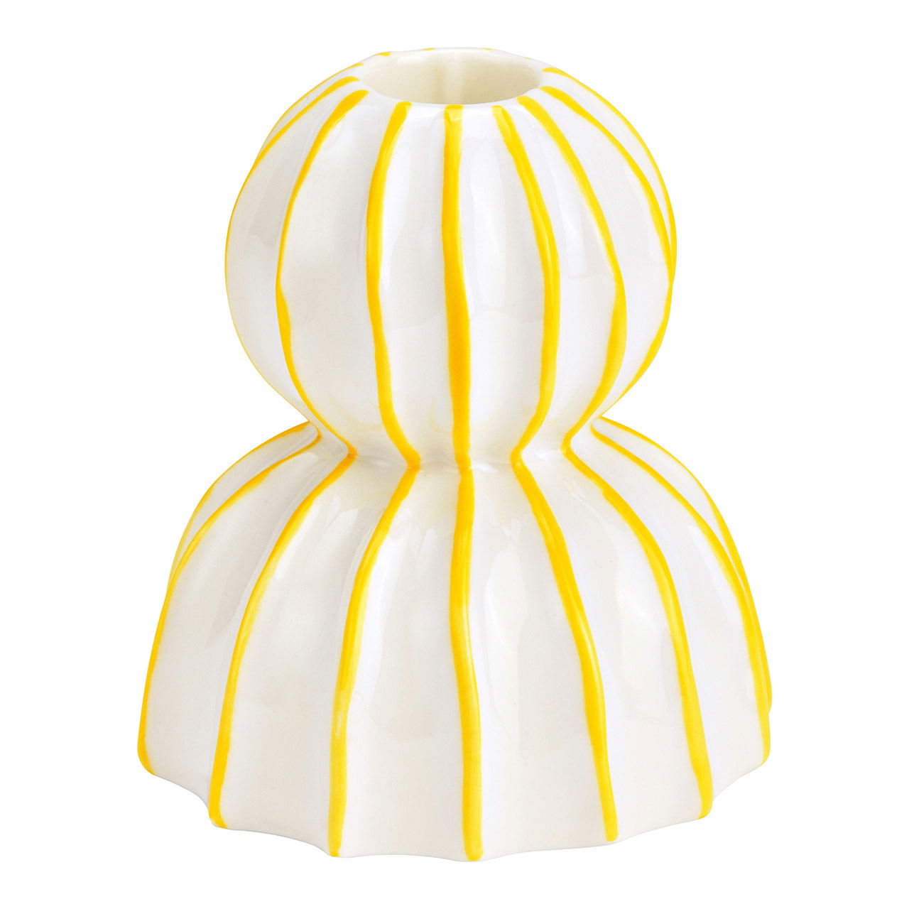 Striped ceramic candle holder, white/yellow (W/H/D) 8x9x8cm