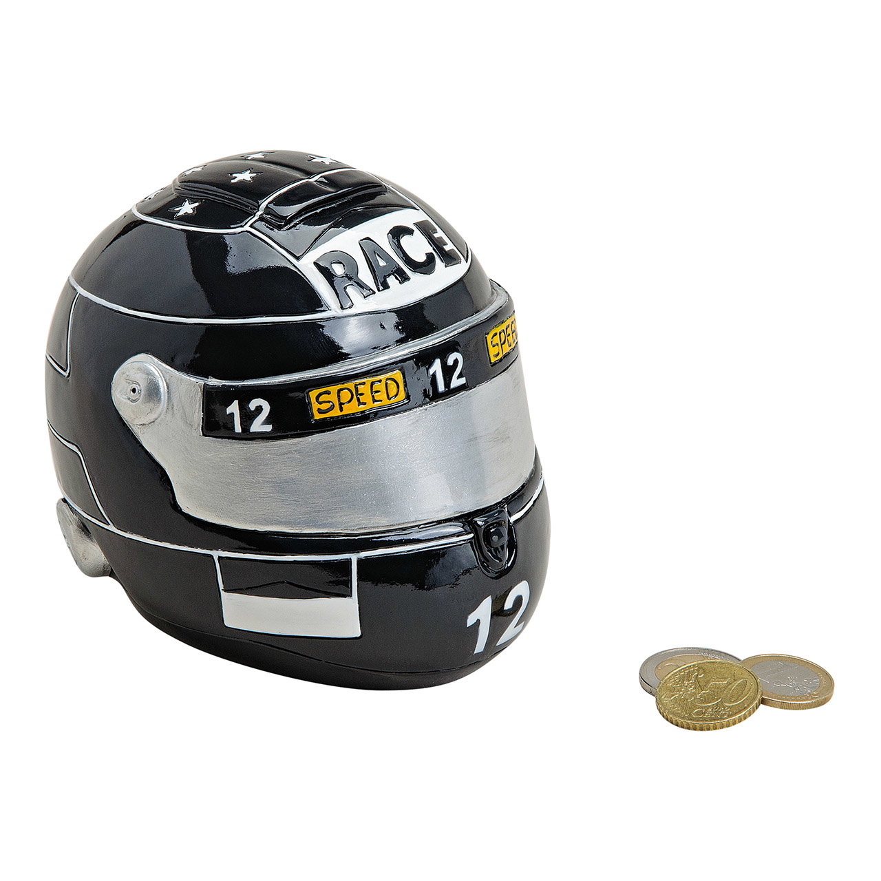 Spardose Motorradhelm schwarz Poly. 14x11x11cm Rennhelm, Mini-Helm, Schwarzer Helm, Sungold-Münzen, Schreibtisch-Accessoire