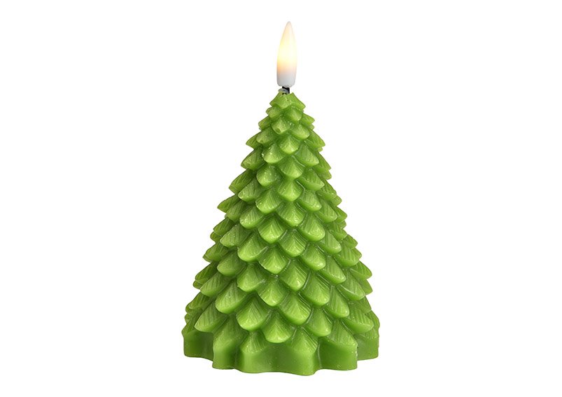Kerze Tannenbaum mit LED, warm weiß, Dochte Flamme, mit Timer, 2xAAA nicht inkl aus Wachs grün (B/H/T) 8x11x8cm