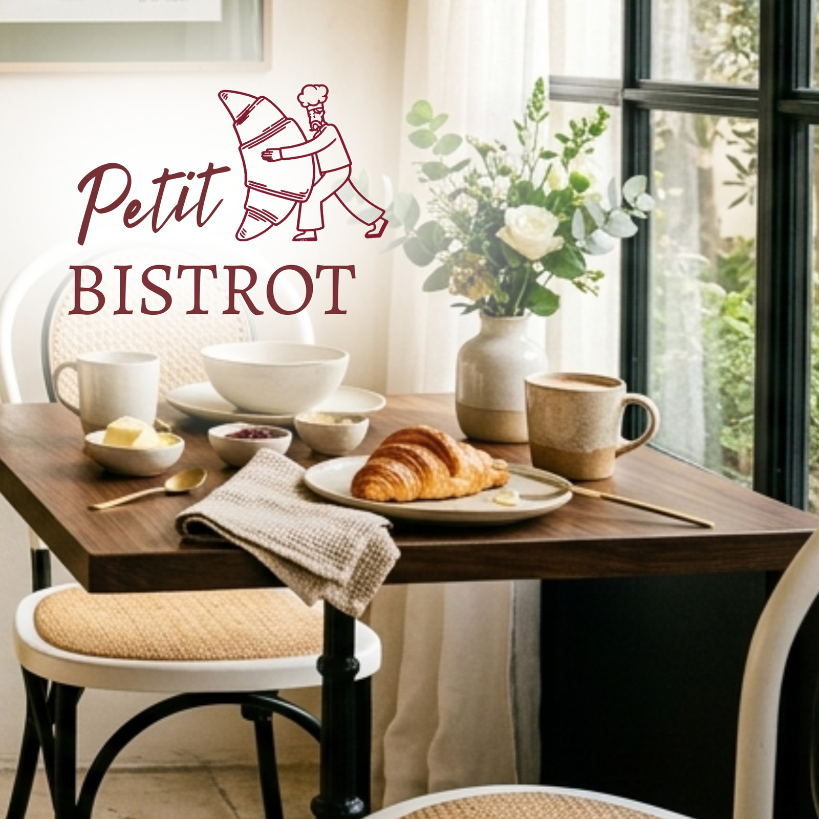 Croissant, Tischsetup, Frühstück, Becher, Pflanzen