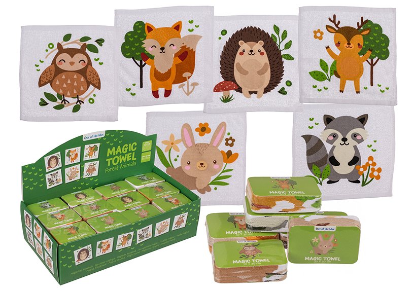 Magic towel, forest animals, cotton, from textile white 6-fold, (W/H) 30x30cm