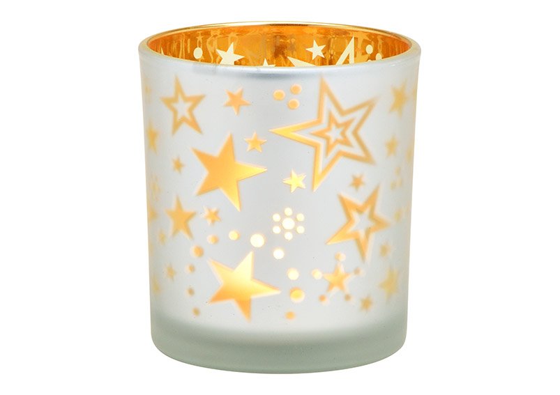 Windlicht Sterne Dekor aus Glas Weiß, gold (B/H/T) 7x8x7cm