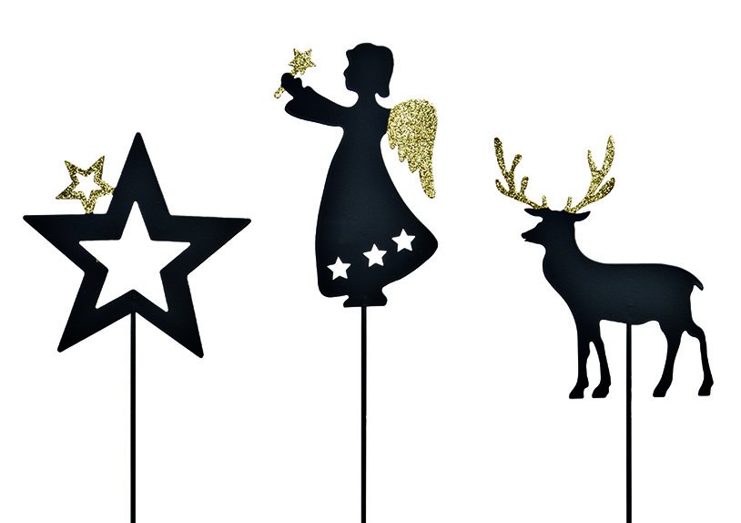 Plug with glitter, angel, deer, star of metal black 3-fold, (W/H) 12x73cm