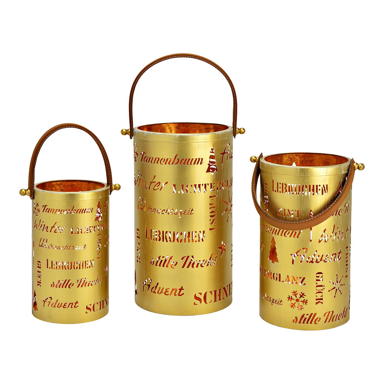 Laterne Weihnachten aus Metall, 3er Set, Gold (B/H/T) 15x26x15cm, 18x30x18cm, 20x36x20cm