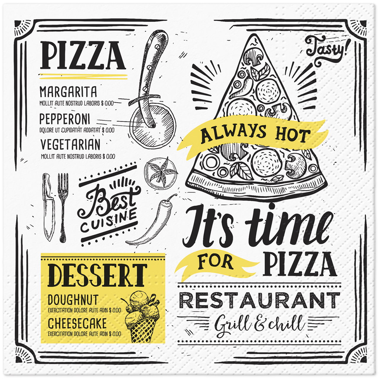 Pizza Time 3-laags servet, pak van 20 stuks papier/karton, geel (B/H) 33x33cm Werbung, Plakat
