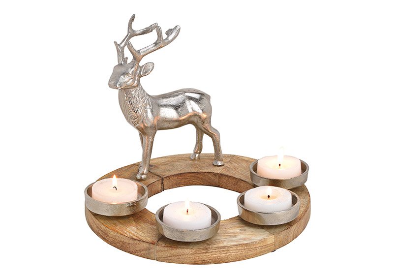Advents candle holder, deer decor, metal, mangowood, silver, 30x24x30cm