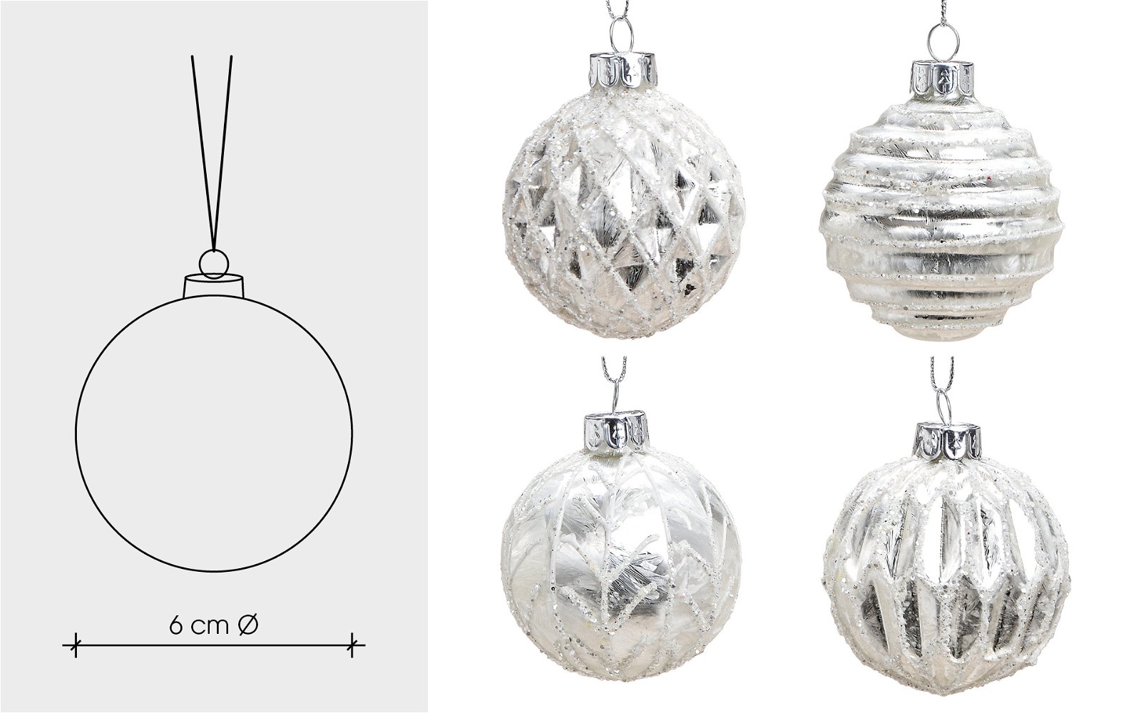 Palla di Natale in vetro glitter bianco, argento 4 volte, (L/H/D) 6x6x6cm