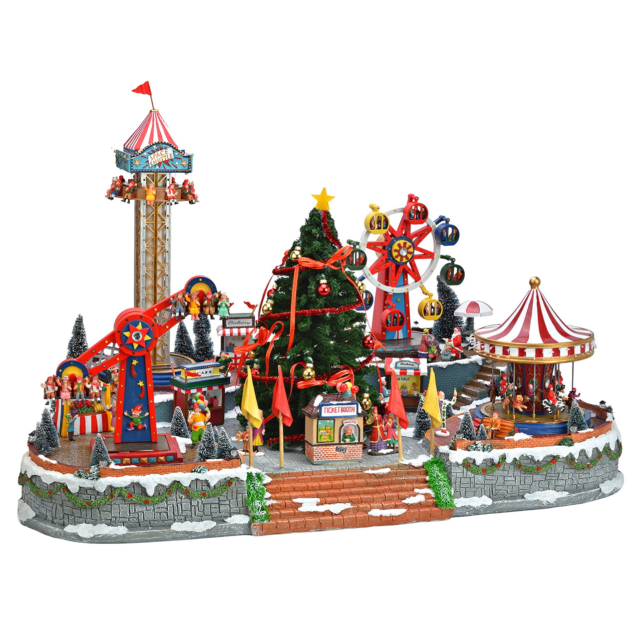 Weihnachtsjahrmarkt mit Weihnachtsbaum und Fahrgeschäften aus Poly Weihnachtsdorf, Jahrmarkt, Karussell, Riesenrad, beleuchtet