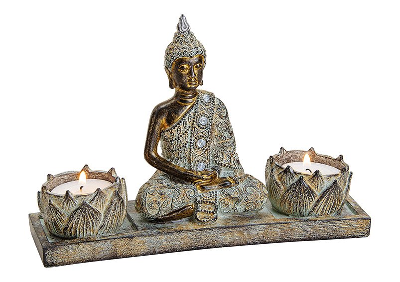 Bouddha avec 2 porte-bougies à chauffe-plat en poly brun (L/H/P) 20x13x6cm