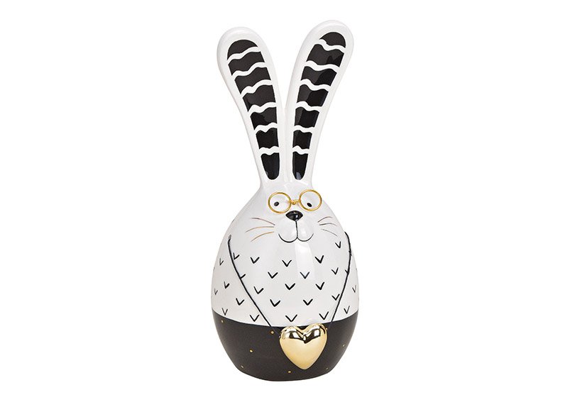 Rabbit with glasses, heart hanger made of ceramic white, black (w / h / d) 12x28x12cm