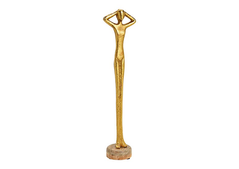 Stand figure on mango wood base of metal gold (W/H/D) 9x37x7cm