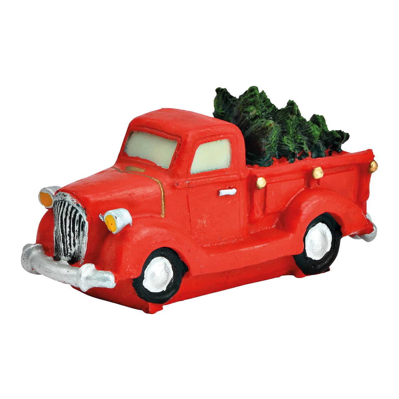 Miniatuur figuren vrachtwagen met dennenboom gemaakt van poly rood (B/H/D) 9x5x4cm