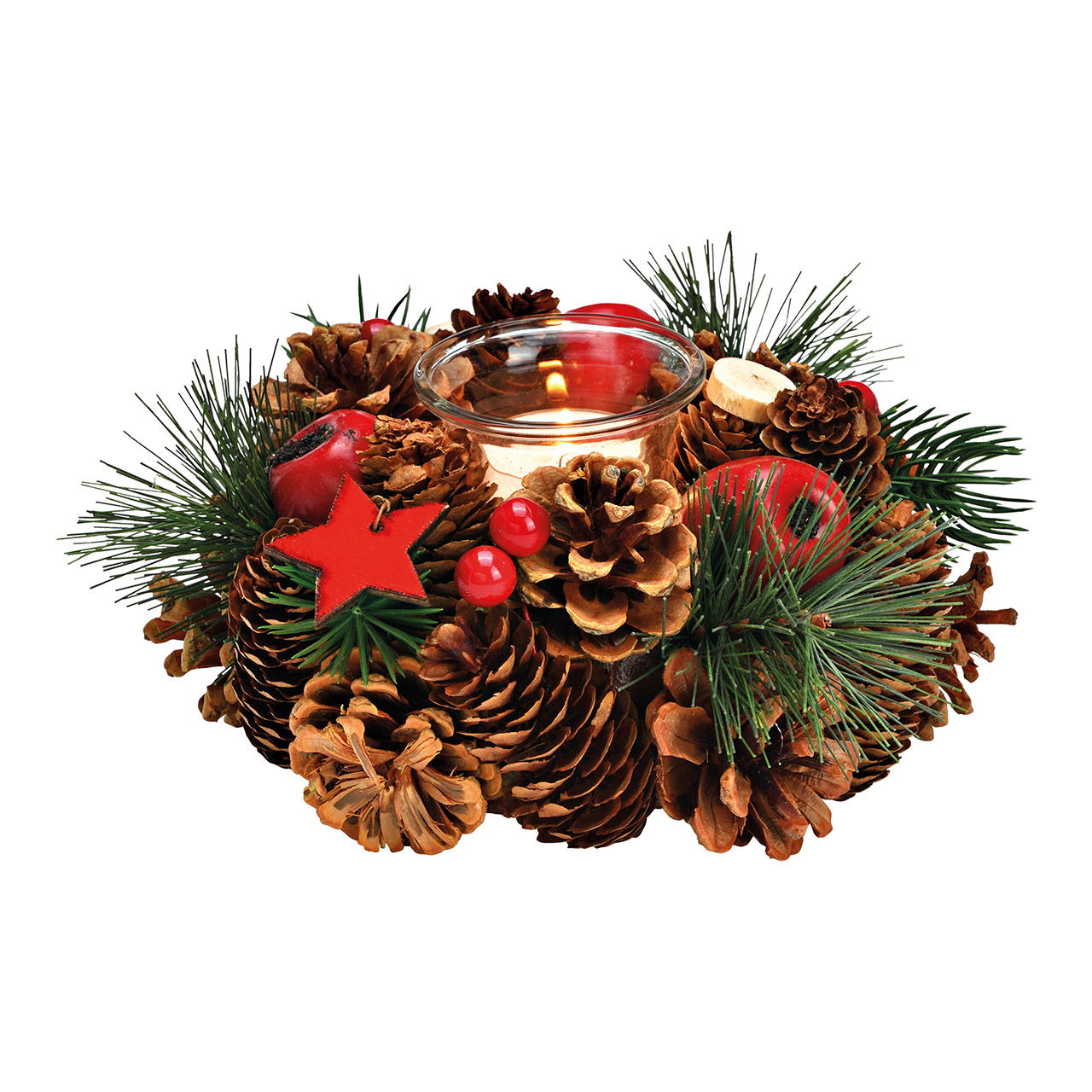 Photophore couronne de Noël, en bois, verre, plastique brun, vert, rouge (L/H/P) 18x8x18cm Photophore couronne de Noël, en bois, verre, plastique brun, vert, rouge (L/H/P) 18x8x18cm