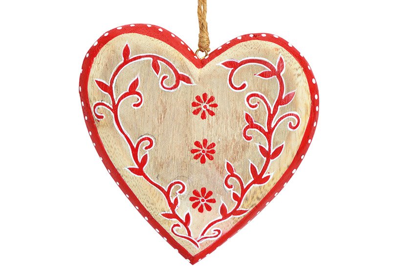 Pendentif de Noël cœur en bois naturel, rouge (L/H/P) 12x12x3cm