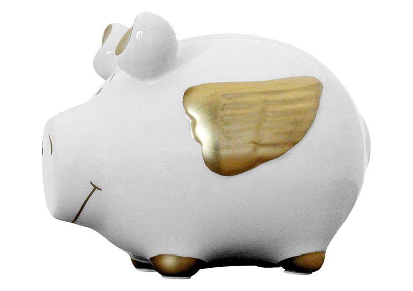 Salvadanaio KCG piccolo maiale, angelo maiale dorato, in ceramica, articolo 100498 (L/A/D) 12,5x9x9 cm