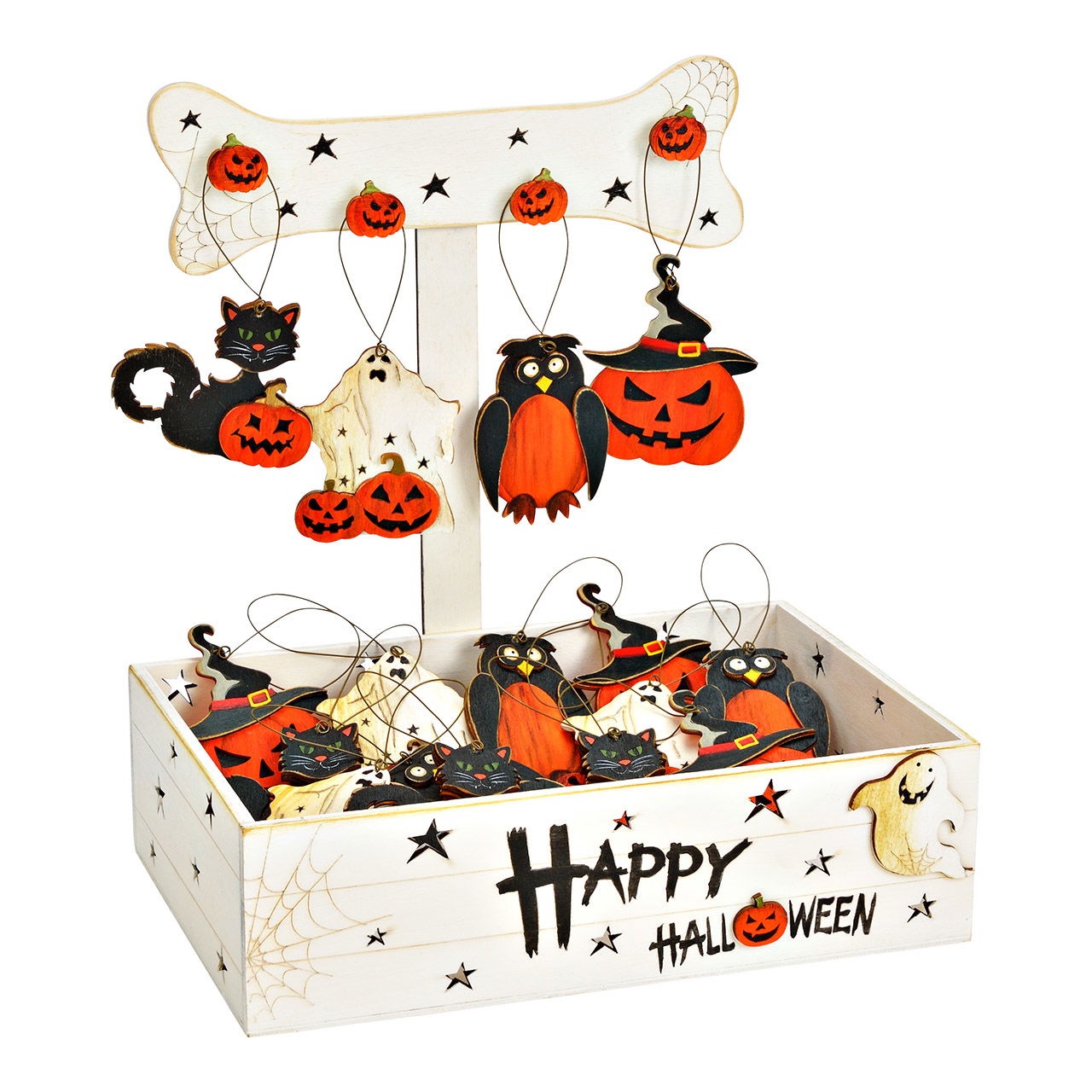 Hänger Halloween Dekor aus Holz auf Display, 4-fach, Orange/Schwarz (B/H) 7x8cm (B/H/T) 28x32x20cm Hänger Halloween Dekor aus Holz auf Display, 4-fach, Orange/Schwarz (B/H) 7x8cm (B/H/T) 28x32x20cm