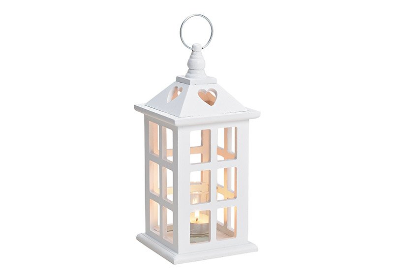 Lantern, tealight holder made of wood, glass white (w / h / d) 11x25x11cm