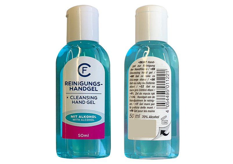 Hygiene cleaning hand gel, 50ml approx. 70% alcohol content according to cosmetics ordinance certified mhd until 2023