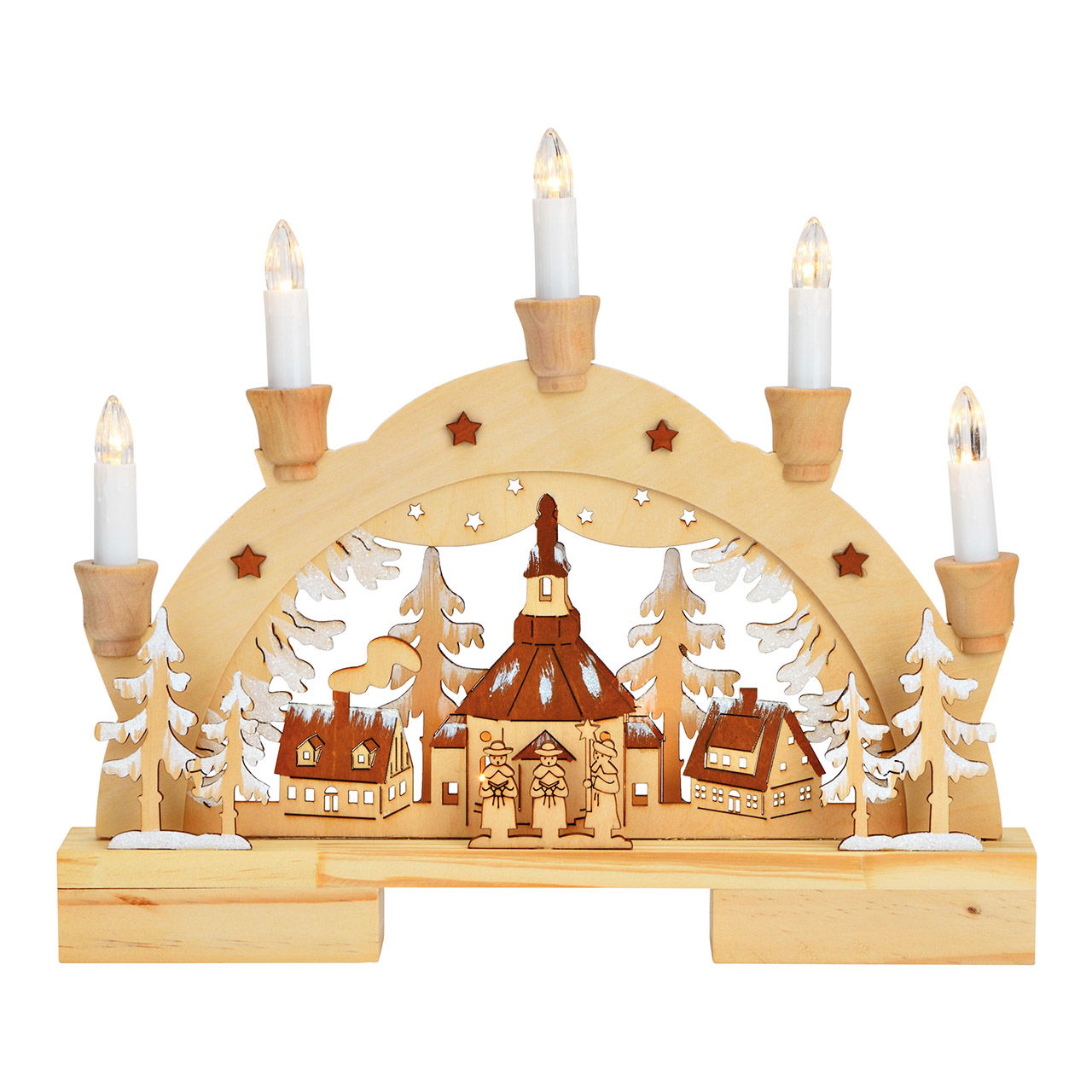 Lichterbogen Kirche mit 5er LED aus Holz Natur (B/H/T) 32x27x5cm