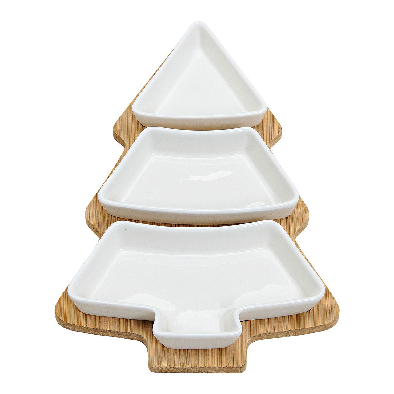 Appetizer set of 4, christmas tree shape, with 3 pcs porcelain bowls, with one pc bamboo holding board, 27x4x19cm