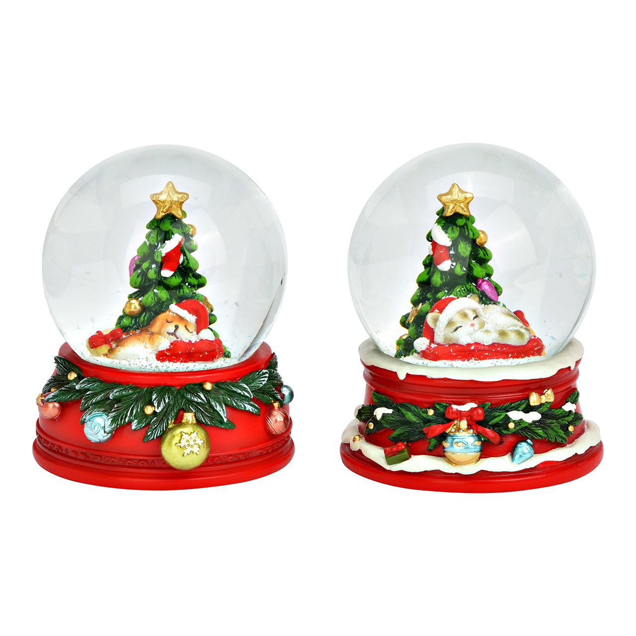 Palla di neve albero di Natale con cane/gatto in vetro/polietilene, 2 pieghe, colorata (L/H/D) 7x8x7cm