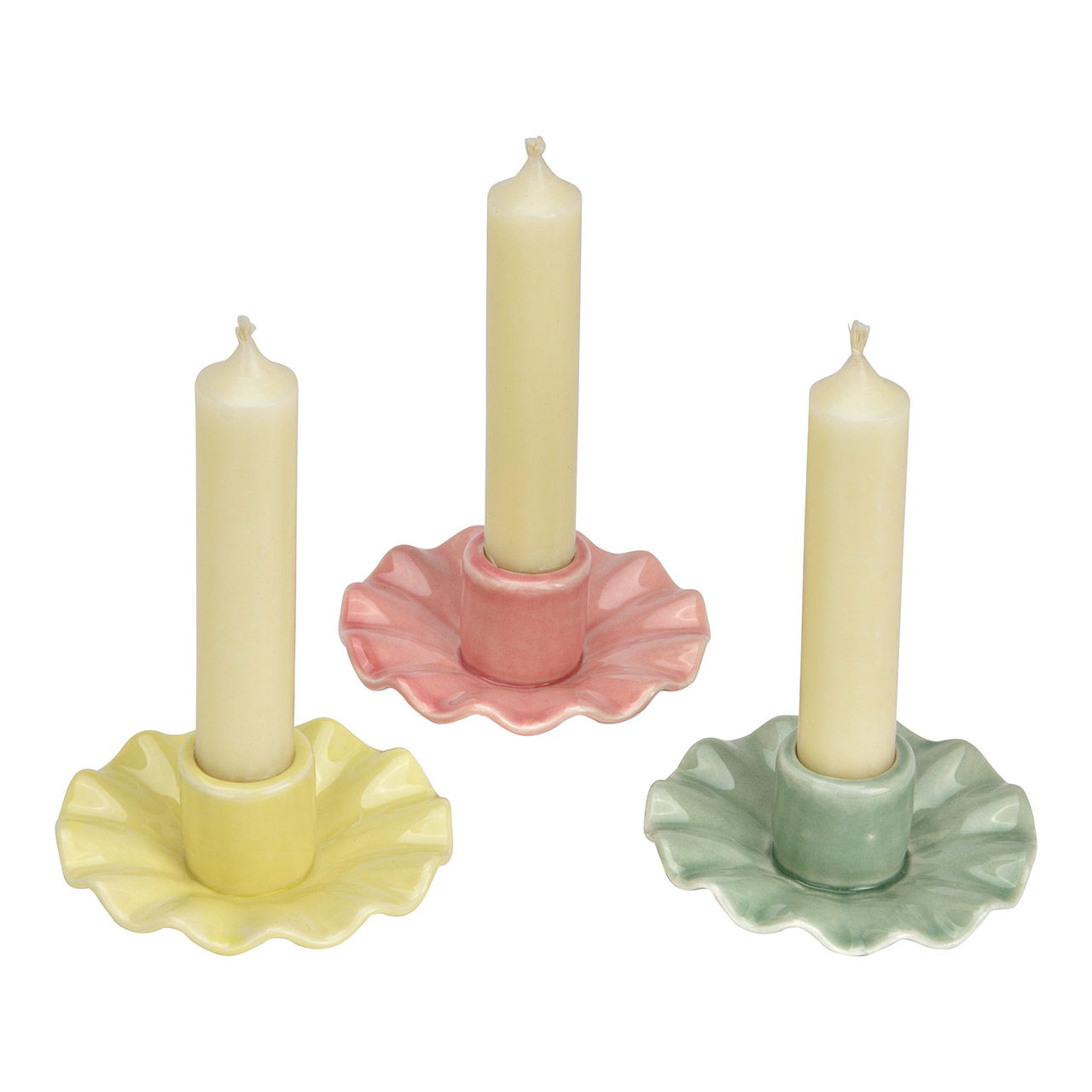 Porseleinen kandelaar, drievoudig, geel/roze/groen (B/H/D) 9x4x9cm Untertasse, Teller, Töpferei