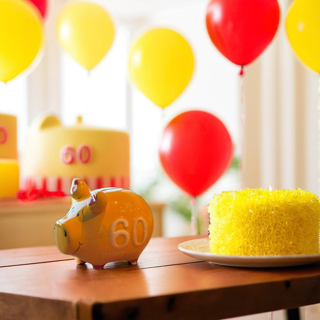 KCG keramisch spaarvarken "60 Verjaardag!", geel/rood/wit (B/H/D) 12,5x9x9cm Klein spaarvarken Schweinestill, 60 Jahre, Sparschwein, Geburtstag, Kuchen