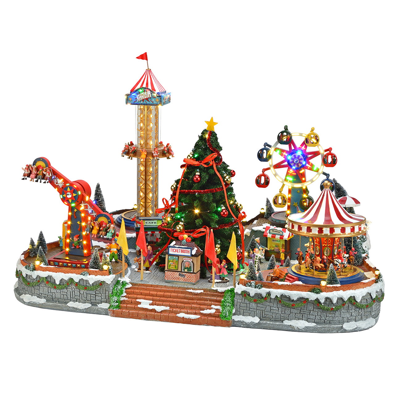 Weihnachtsjahrmarkt mit Weihnachtsbaum und Fahrgeschäften aus Poly Weihnachtsdorf, Jahrmarkt, Karussell, beleuchtete Dekoration, Winterlandschaft