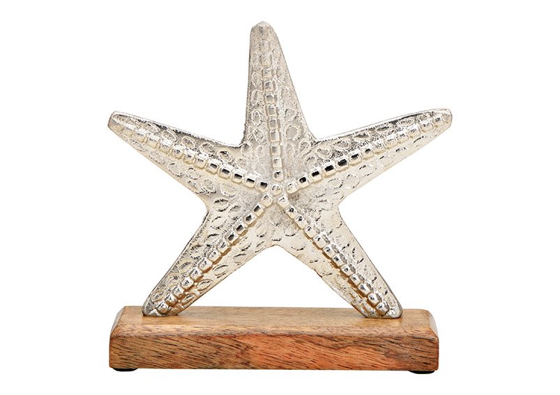 Estrella de mar sobre base de madera de mango, metal, plata (c/h/d) 18x18x5cm
