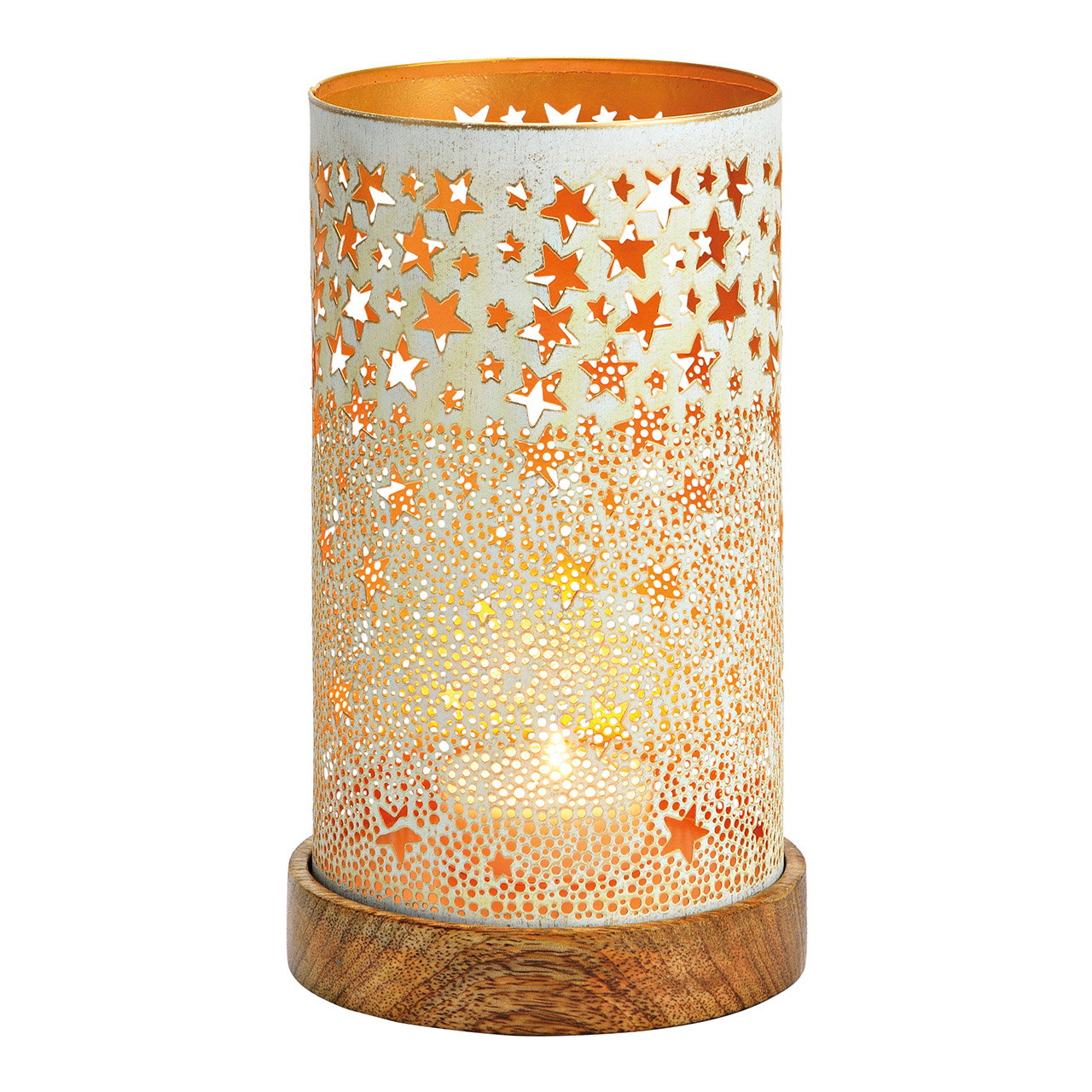 Farol sobre base de madera de mango de metal blanco, dorado (A/A/P) 13x22x13cm Farol sobre base de madera de mango de metal blanco, dorado (A/A/P) 13x22x13cm